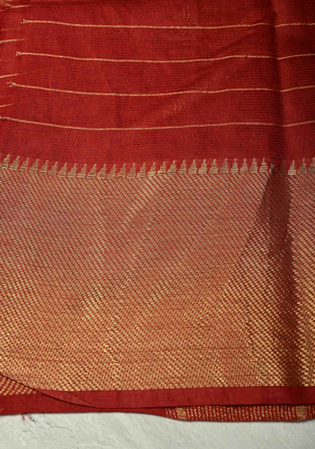 Dark Red Semi Tussar Saree with Zari Checks and Temple Zari Border