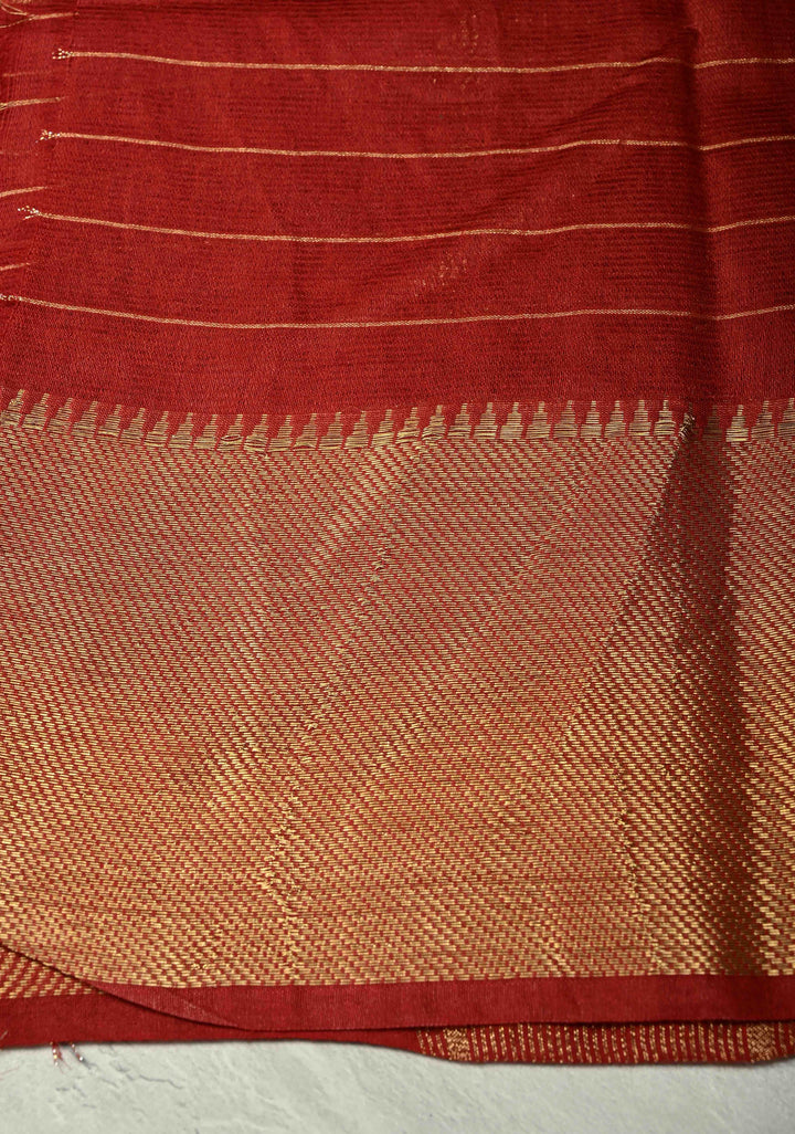 Dark Red Semi Tussar Saree with Zari Checks and Temple Zari Border