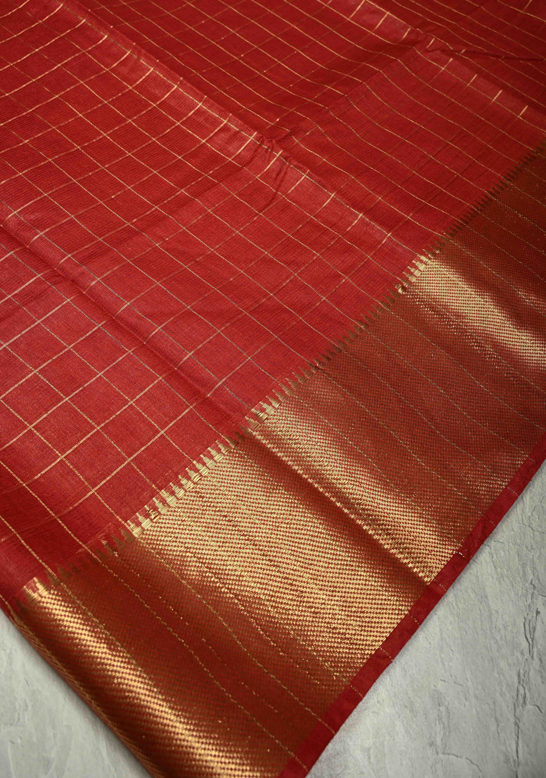 Dark Red Semi Tussar Saree with Zari Checks and Temple Zari Border