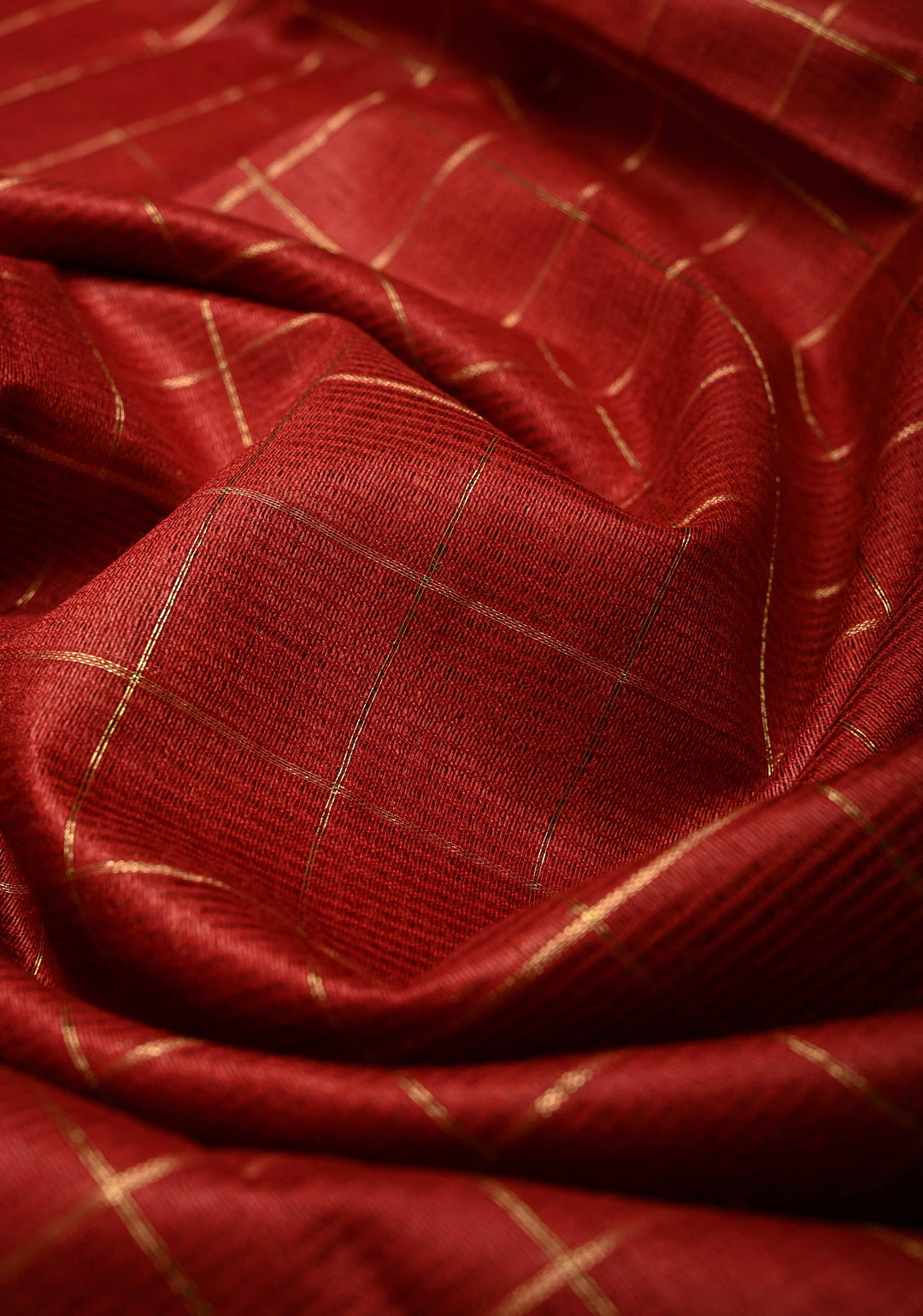 Dark Red Semi Tussar Saree with Zari Checks and Temple Zari Border