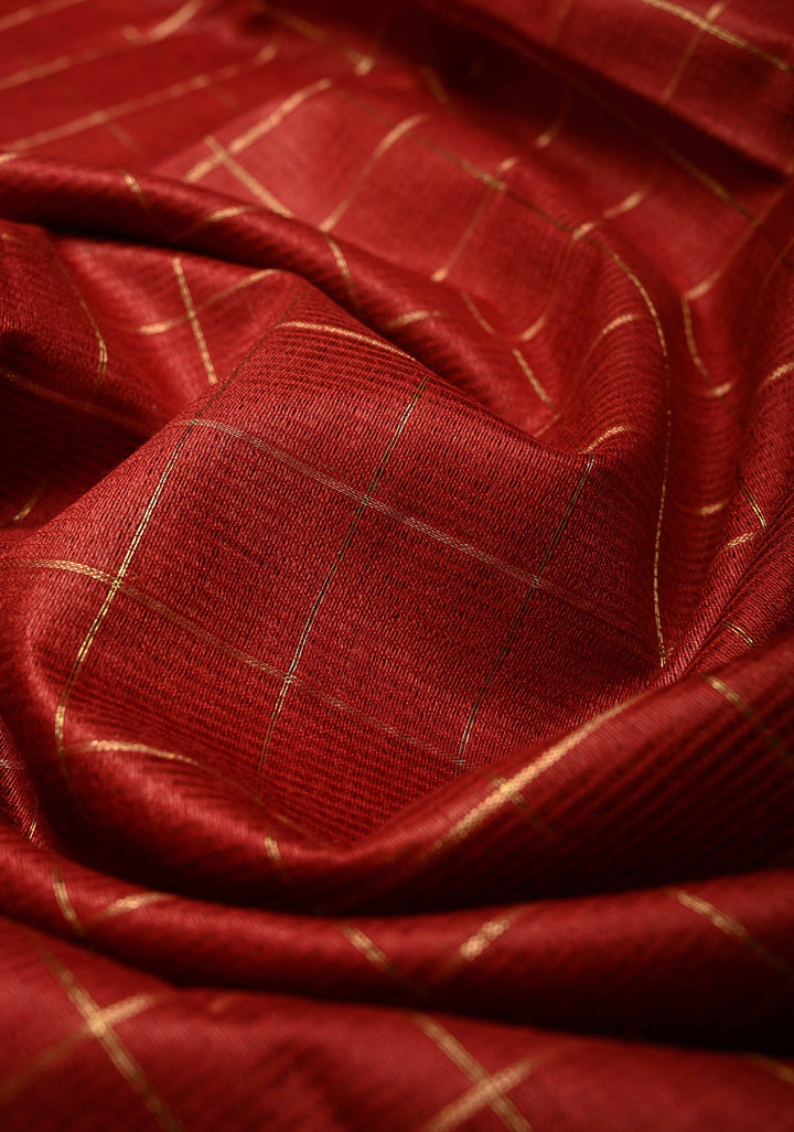 Dark Red Semi Tussar Saree with Zari Checks and Temple Zari Border