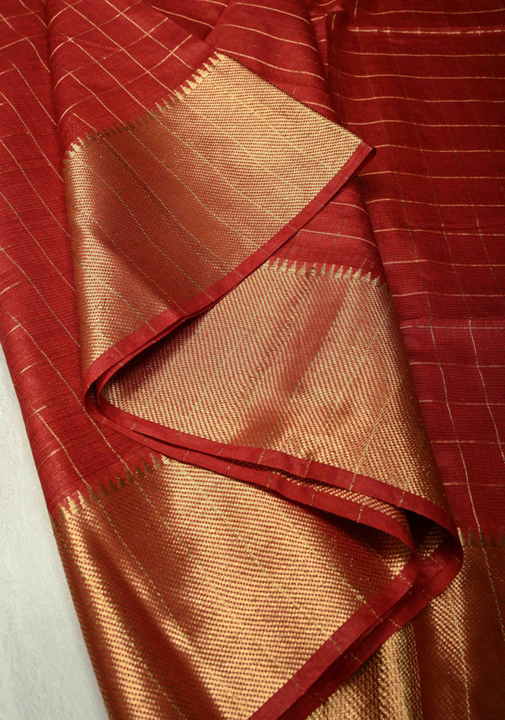 Dark Red Semi Tussar Saree with Zari Checks and Temple Zari Border