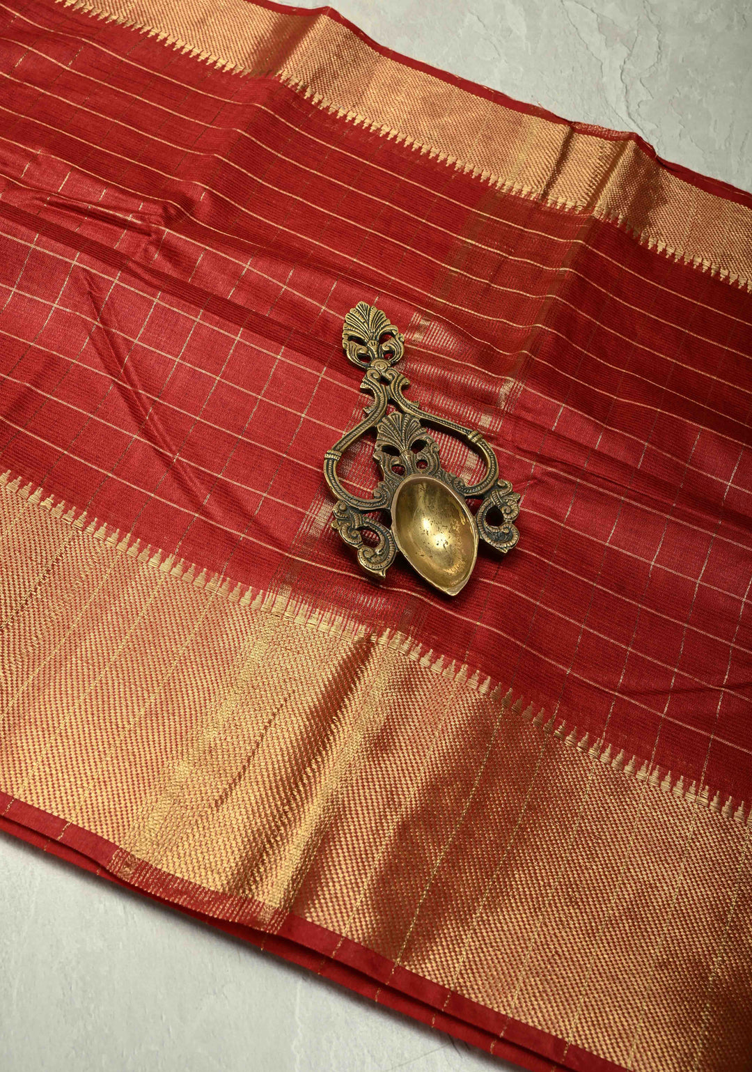 Dark Red Semi Tussar Saree with Zari Checks and Temple Zari Border