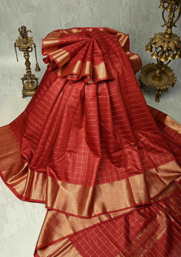 Dark Red Semi Tussar Saree with Zari Checks and Temple Zari Border