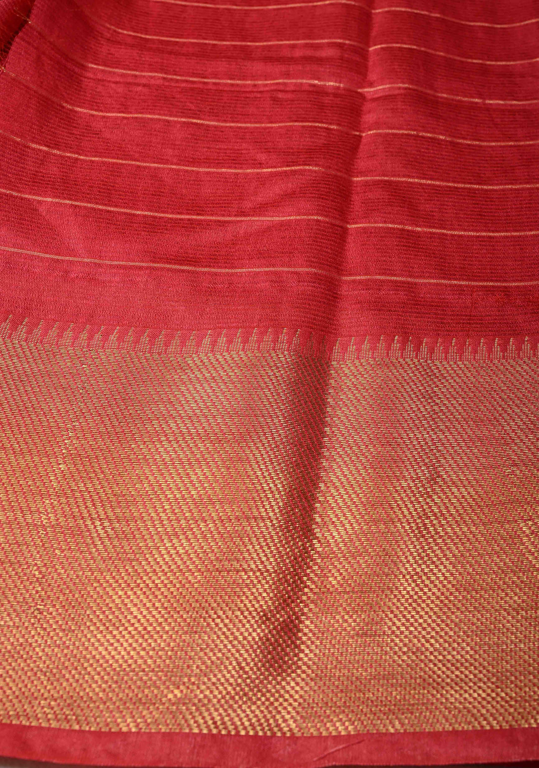 Pinkish Red Semi Tussar Saree with Zari Checks and Temple Zari Border