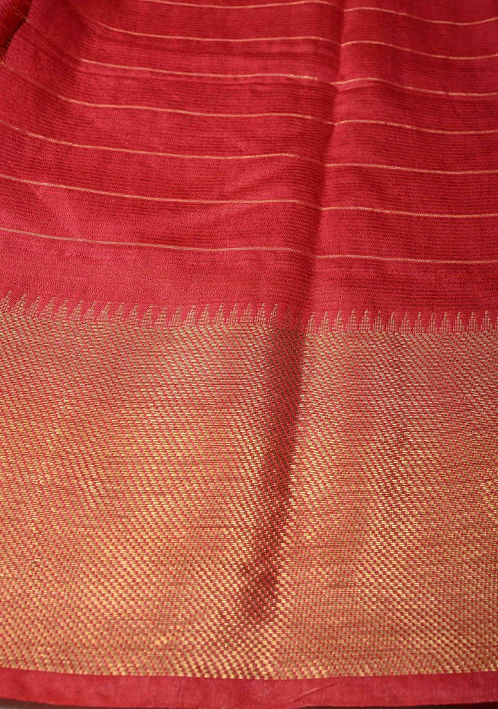 Pinkish Red Semi Tussar Saree with Zari Checks and Temple Zari Border