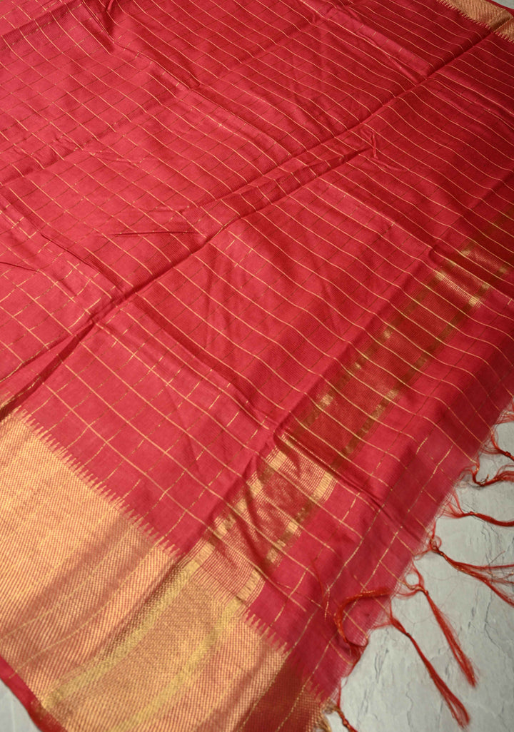 Pinkish Red Semi Tussar Saree with Zari Checks and Temple Zari Border