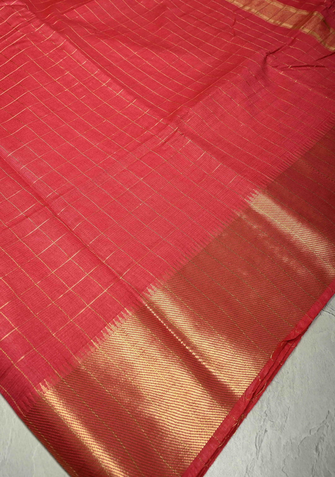Pinkish Red Semi Tussar Saree with Zari Checks and Temple Zari Border