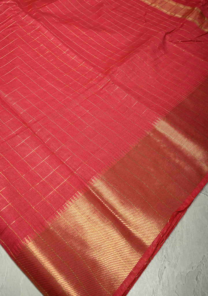 Pinkish Red Semi Tussar Saree with Zari Checks and Temple Zari Border