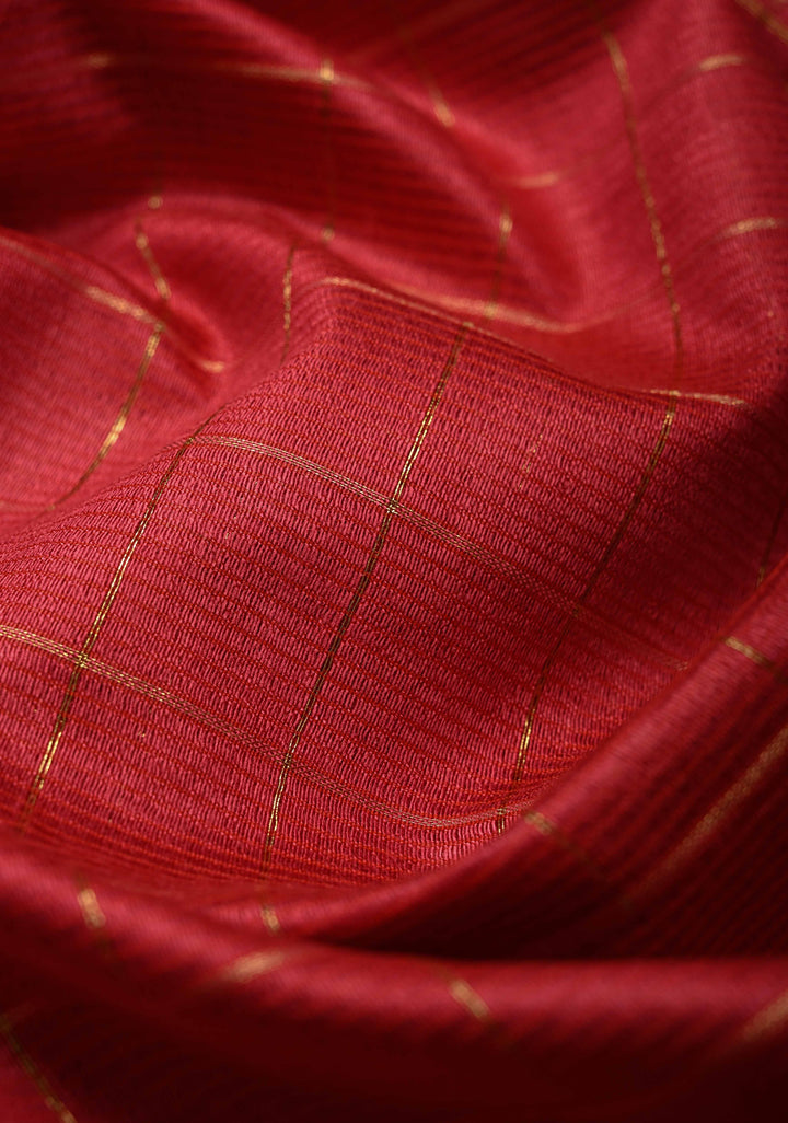 Pinkish Red Semi Tussar Saree with Zari Checks and Temple Zari Border