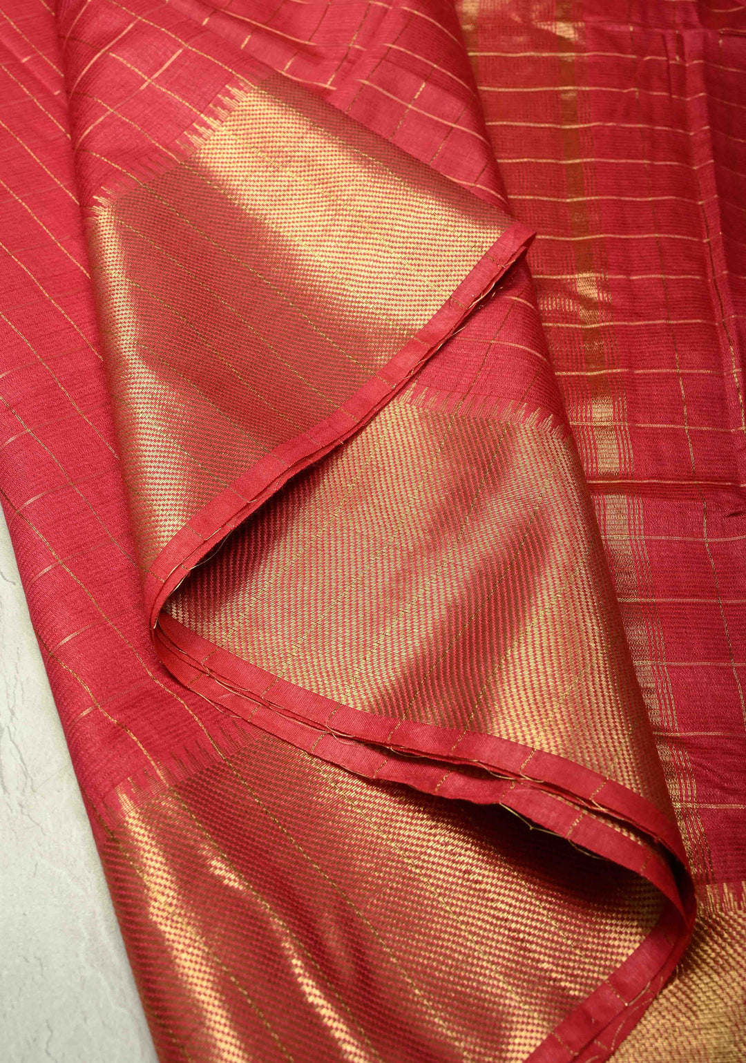 Pinkish Red Semi Tussar Saree with Zari Checks and Temple Zari Border
