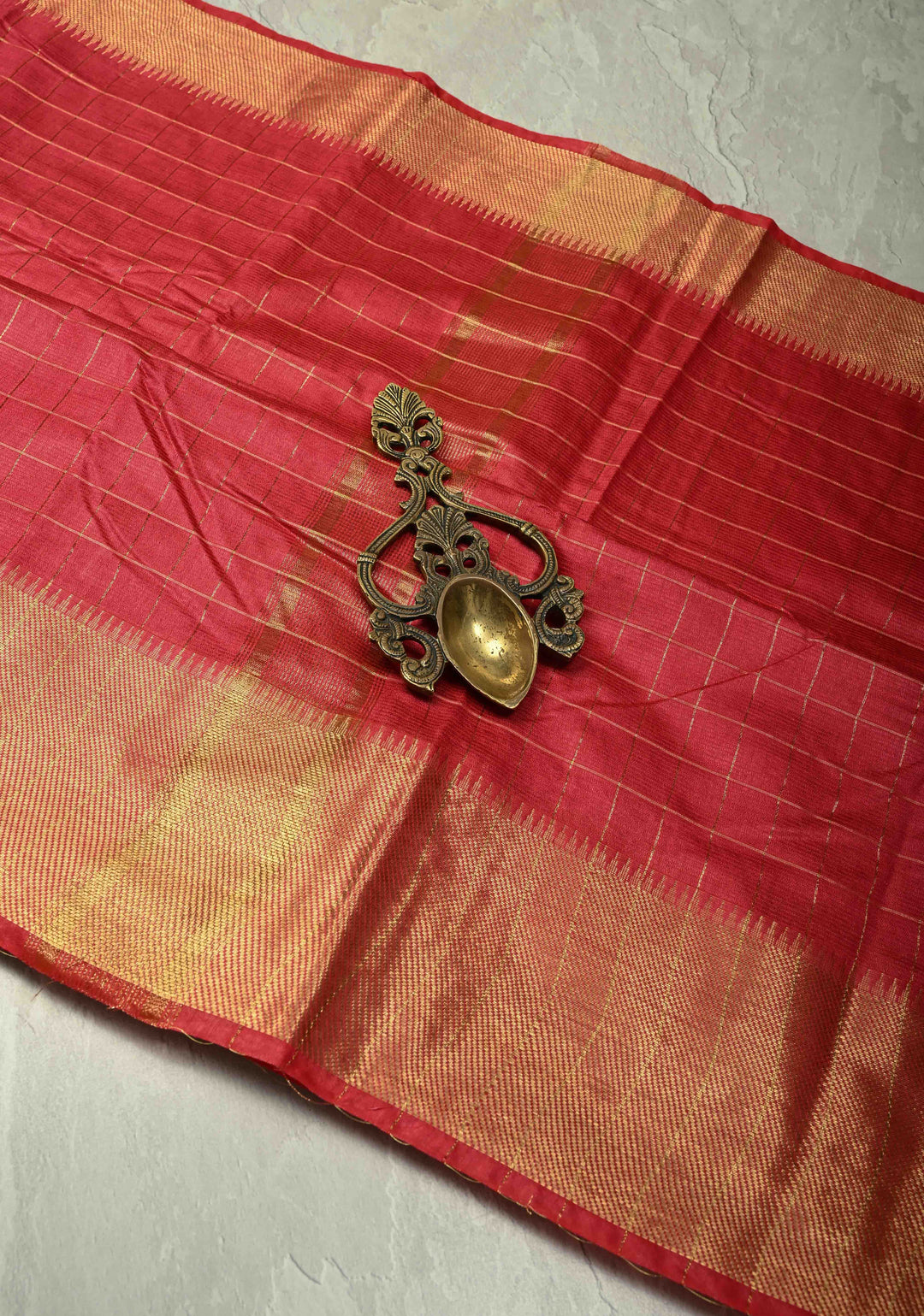 Pinkish Red Semi Tussar Saree with Zari Checks and Temple Zari Border