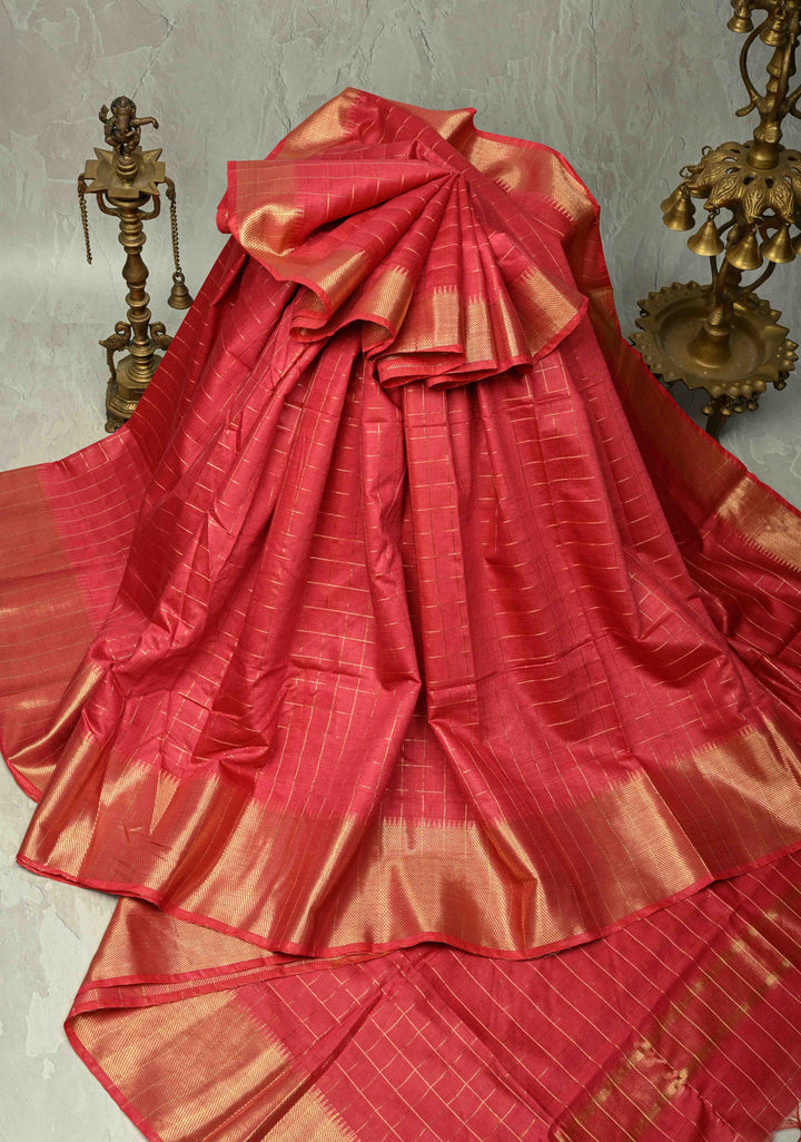 Pinkish Red Semi Tussar Saree with Zari Checks and Temple Zari Border