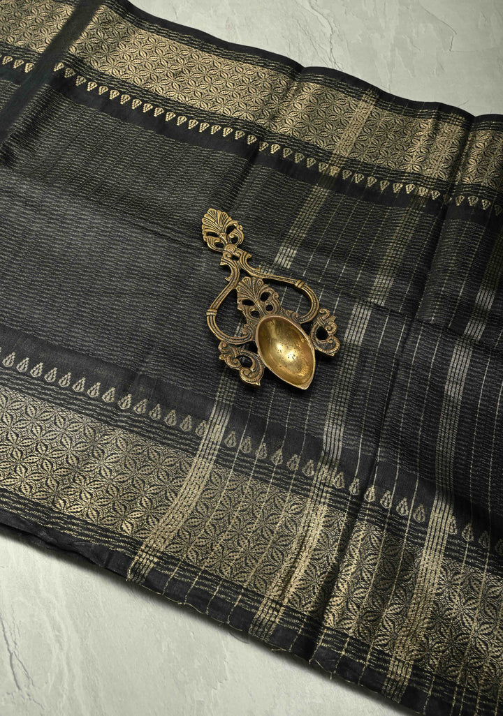 Shadow Black Semi Tussar Saree with Zari Border