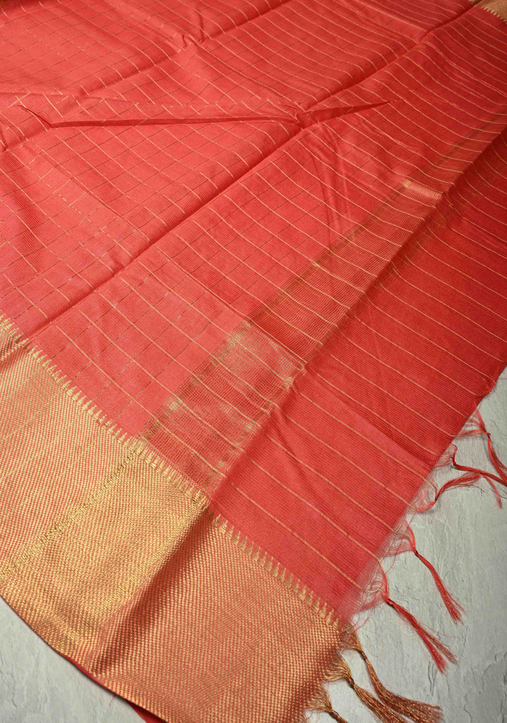 Dark Pastel Red Semi Tussar Saree with Zari Checks and Temple Zari Border