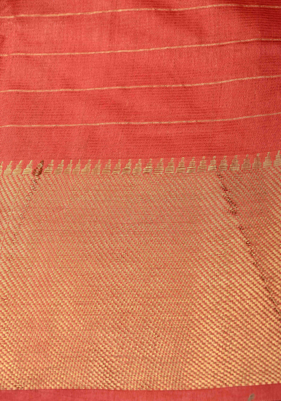 Dark Pastel Red Semi Tussar Saree with Zari Checks and Temple Zari Border