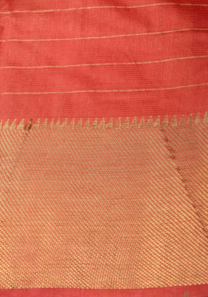Dark Pastel Red Semi Tussar Saree with Zari Checks and Temple Zari Border