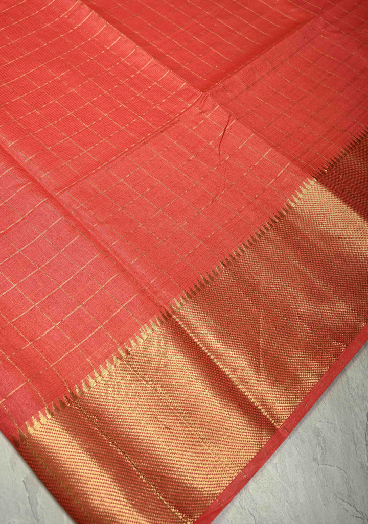 Dark Pastel Red Semi Tussar Saree with Zari Checks and Temple Zari Border