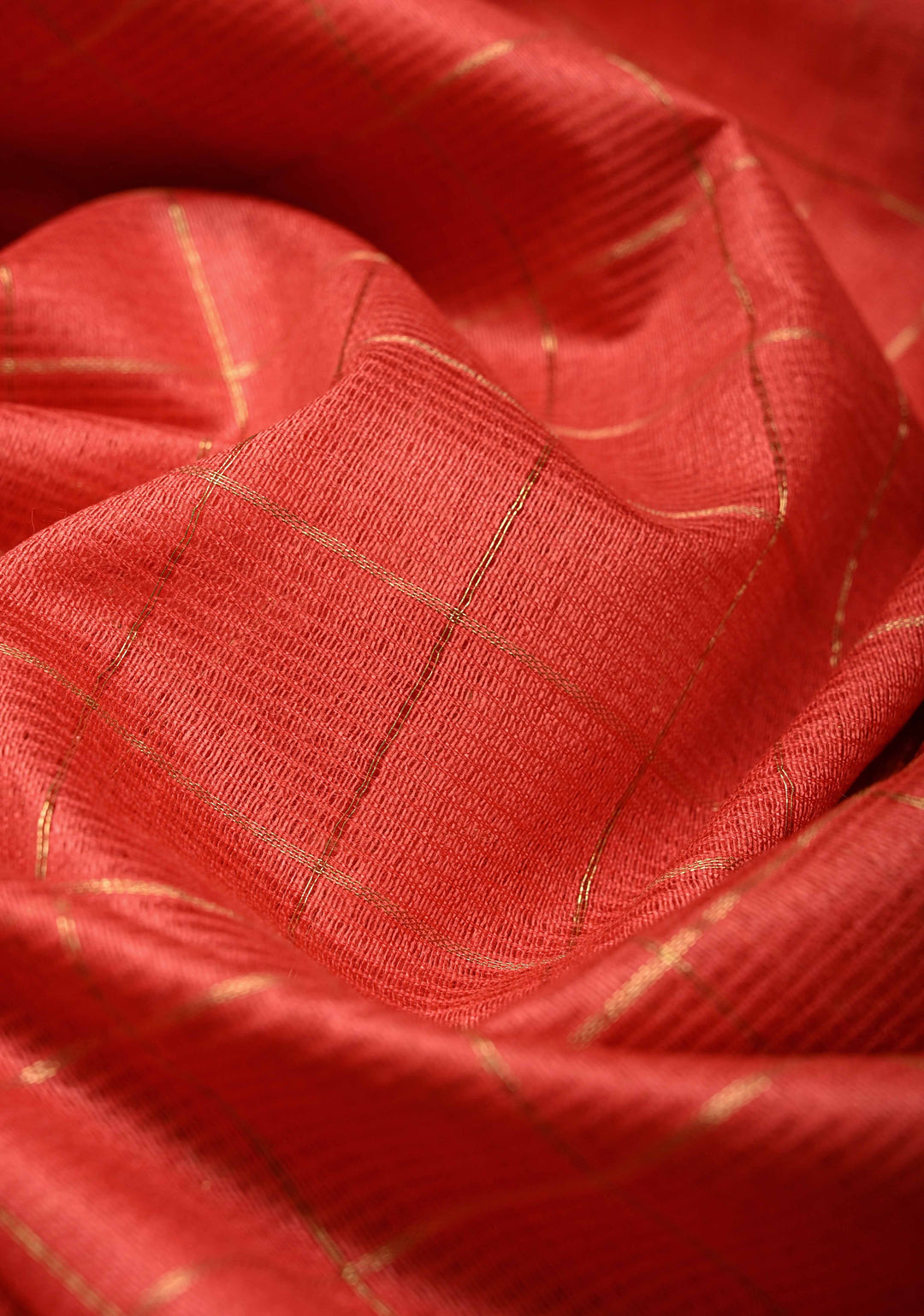 Dark Pastel Red Semi Tussar Saree with Zari Checks and Temple Zari Border
