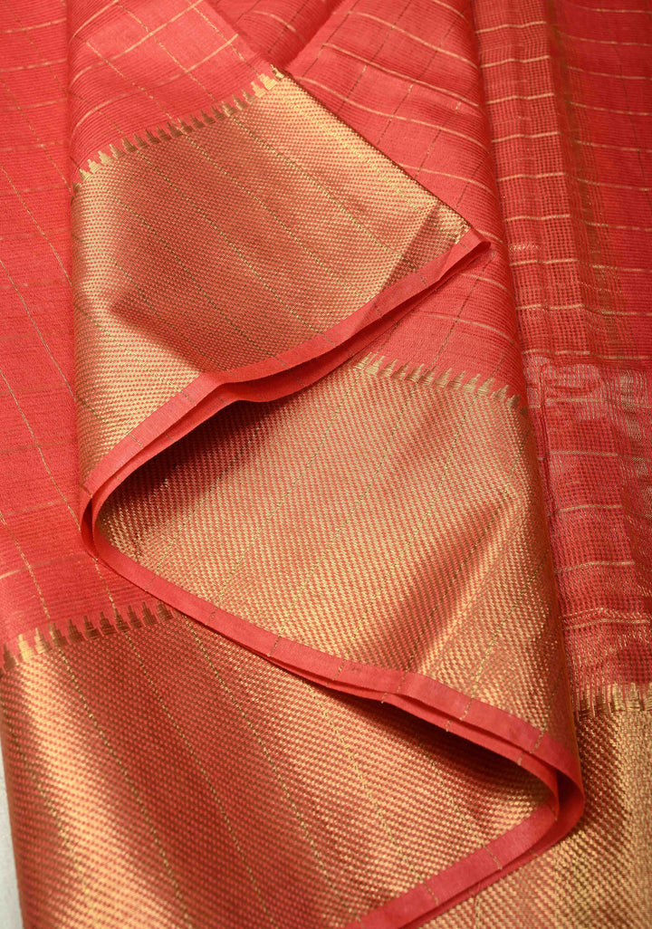 Dark Pastel Red Semi Tussar Saree with Zari Checks and Temple Zari Border