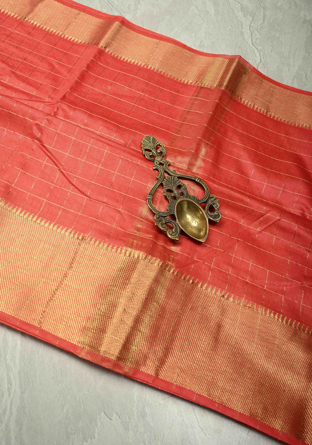 Dark Pastel Red Semi Tussar Saree with Zari Checks and Temple Zari Border