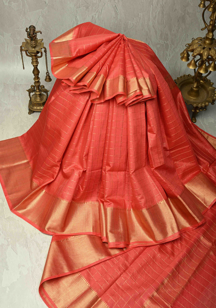 Dark Pastel Red Semi Tussar Saree with Zari Checks and Temple Zari Border