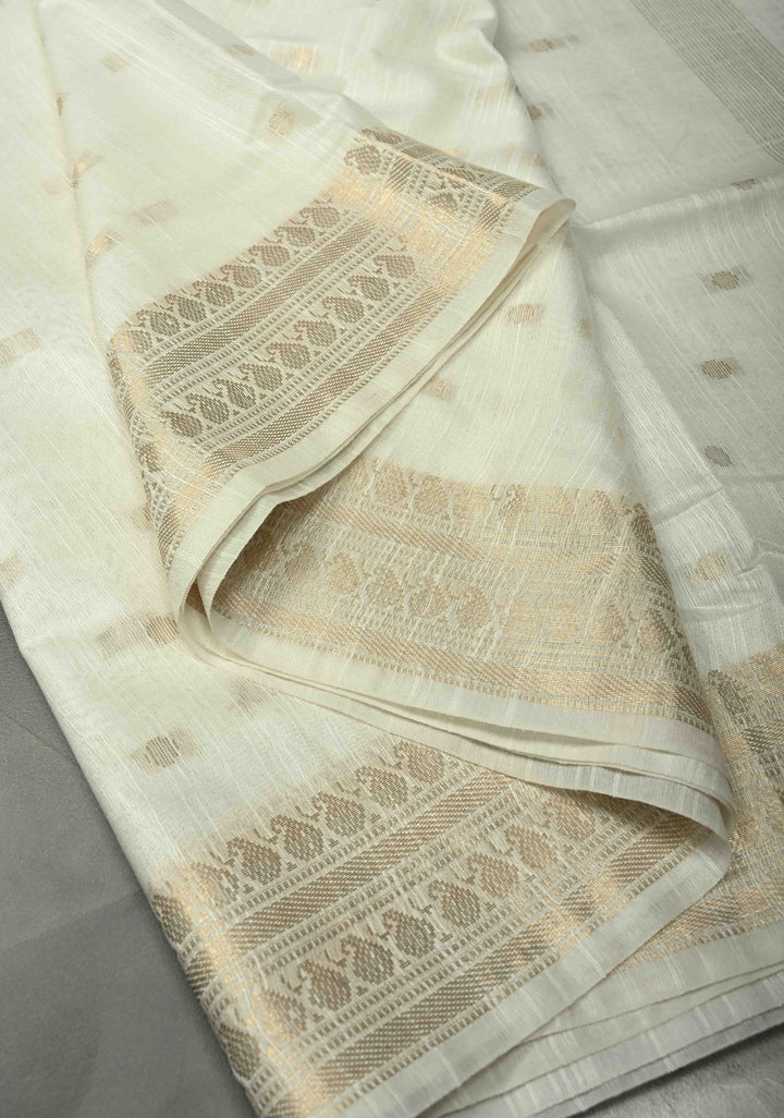 Snow White Semi Tussar Saree with Zari Buttas and Zari Border