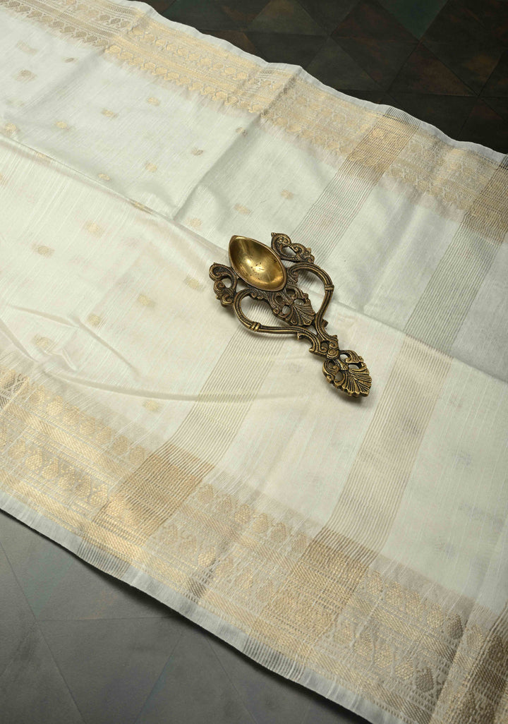 Snow White Semi Tussar Saree with Zari Buttas and Zari Border