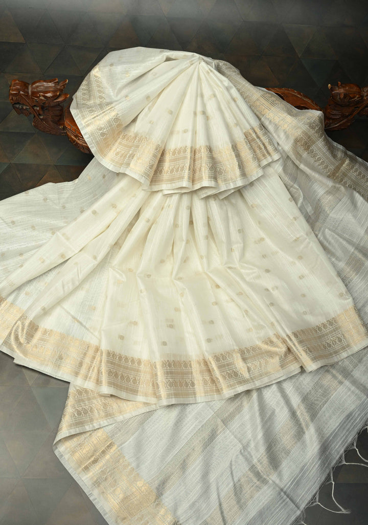 Snow White Semi Tussar Saree with Zari Buttas and Zari Border