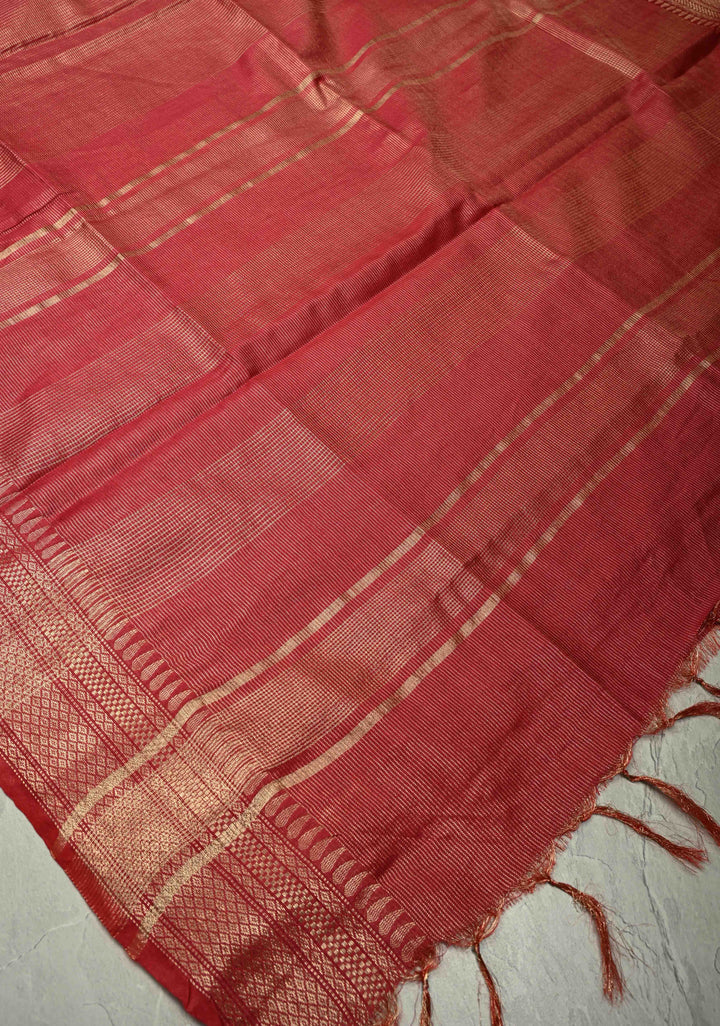Brick Red Semi Tissue Saree with Zari Border