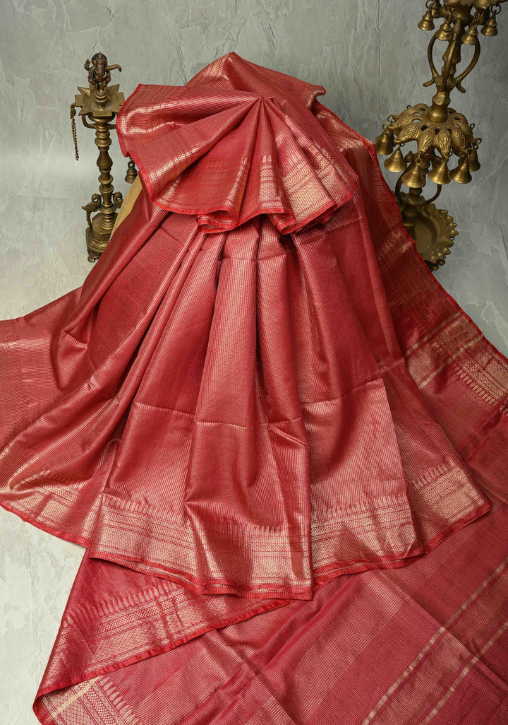 Brick Red Semi Tissue Saree with Zari Border