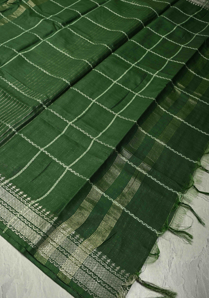 Deep Forest Green Semi Tussar Saree with Thread Stripes and Tepmle Zari Border