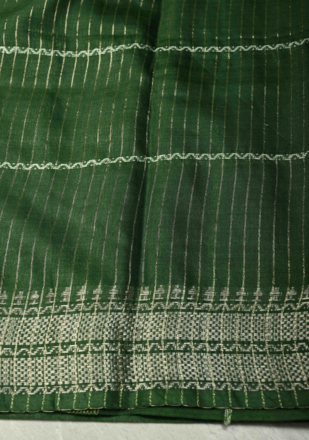 Deep Forest Green Semi Tussar Saree with Thread Stripes and Tepmle Zari Border