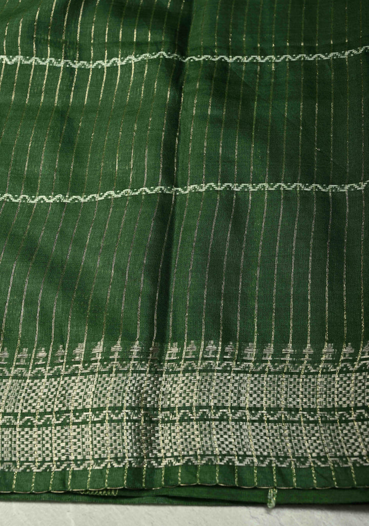 Deep Forest Green Semi Tussar Saree with Thread Stripes and Tepmle Zari Border