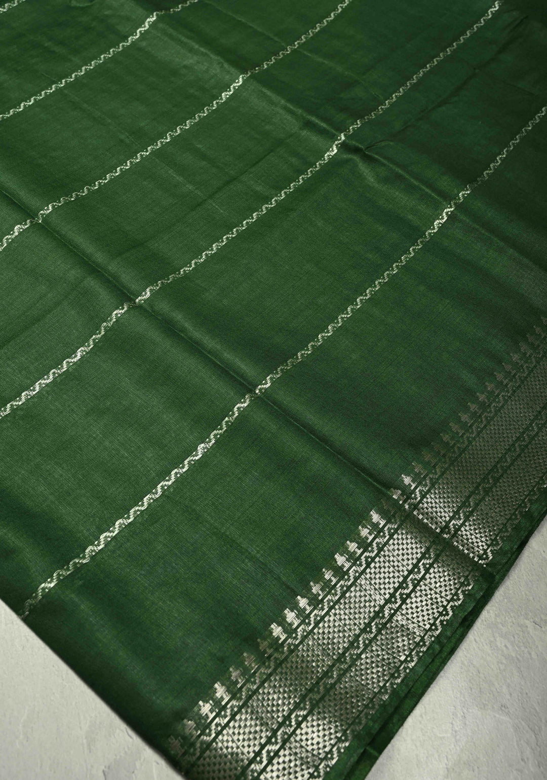 Deep Forest Green Semi Tussar Saree with Thread Stripes and Tepmle Zari Border