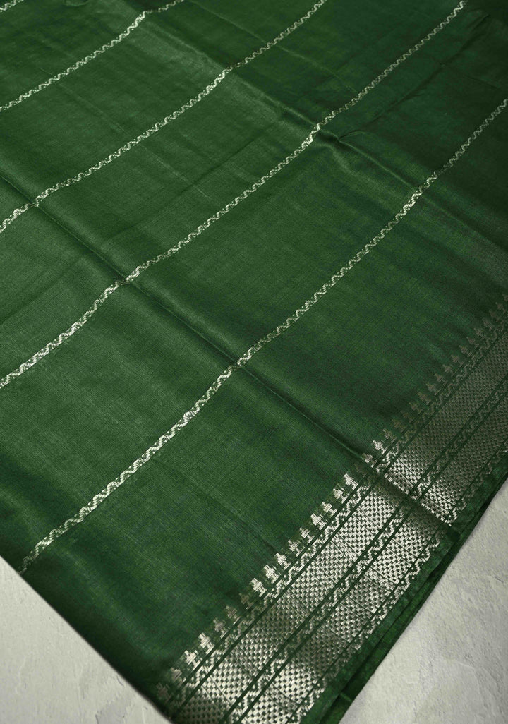 Deep Forest Green Semi Tussar Saree with Thread Stripes and Tepmle Zari Border