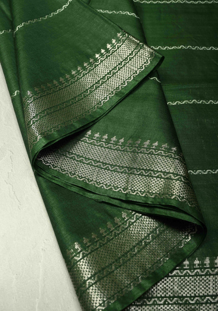 Deep Forest Green Semi Tussar Saree with Thread Stripes and Tepmle Zari Border