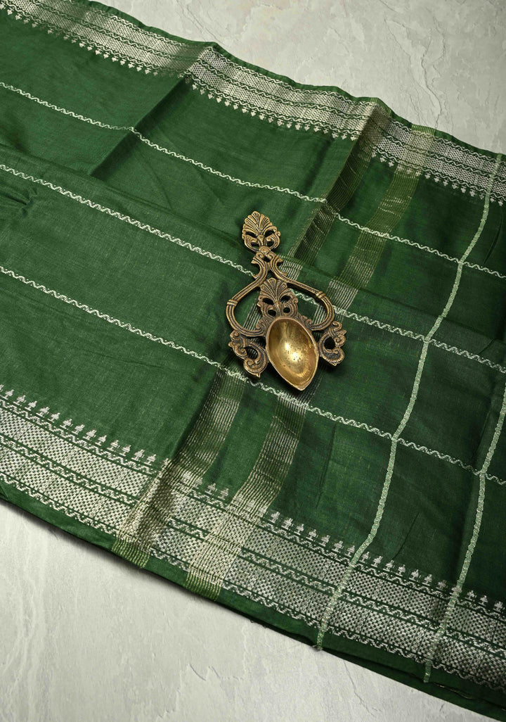 Deep Forest Green Semi Tussar Saree with Thread Stripes and Tepmle Zari Border