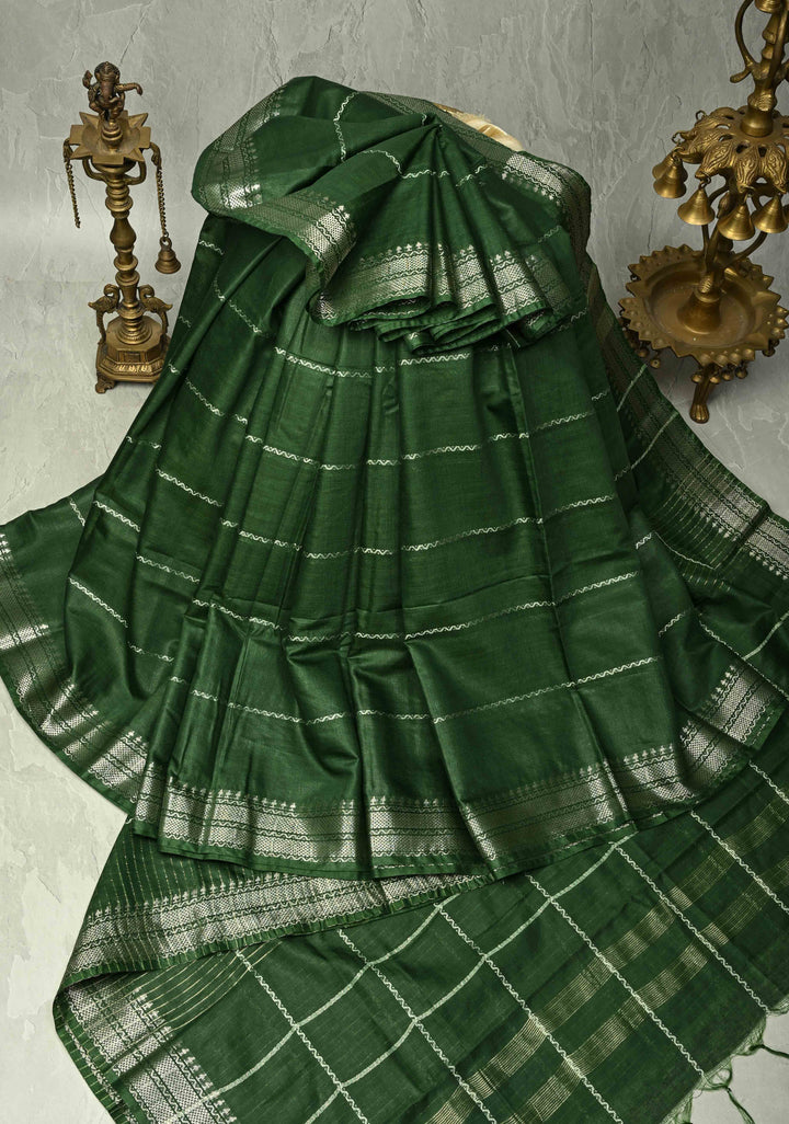 Deep Forest Green Semi Tussar Saree with Thread Stripes and Tepmle Zari Border