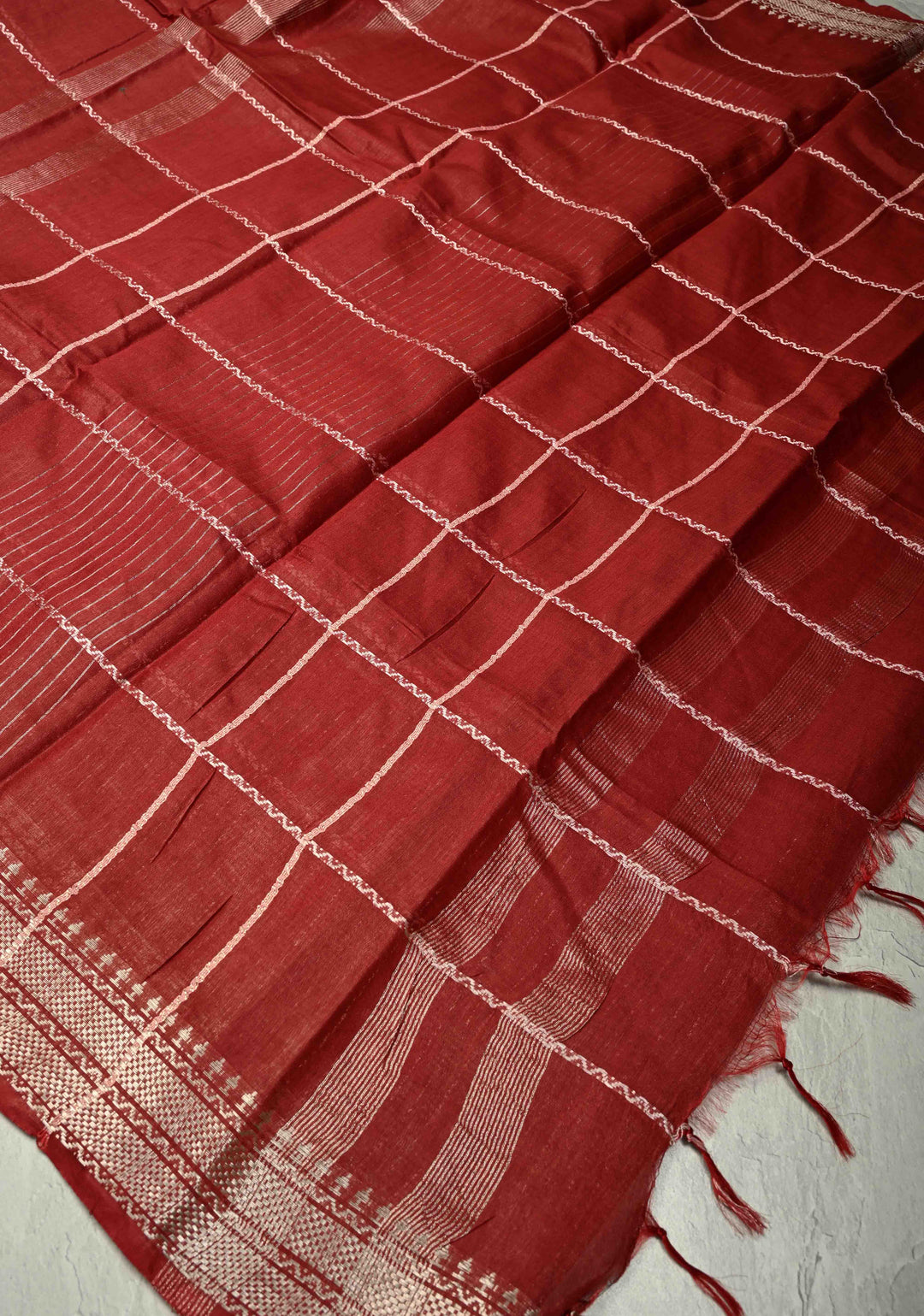 Maroon Semi Tussar Saree with Thread Stripes and Zari Border