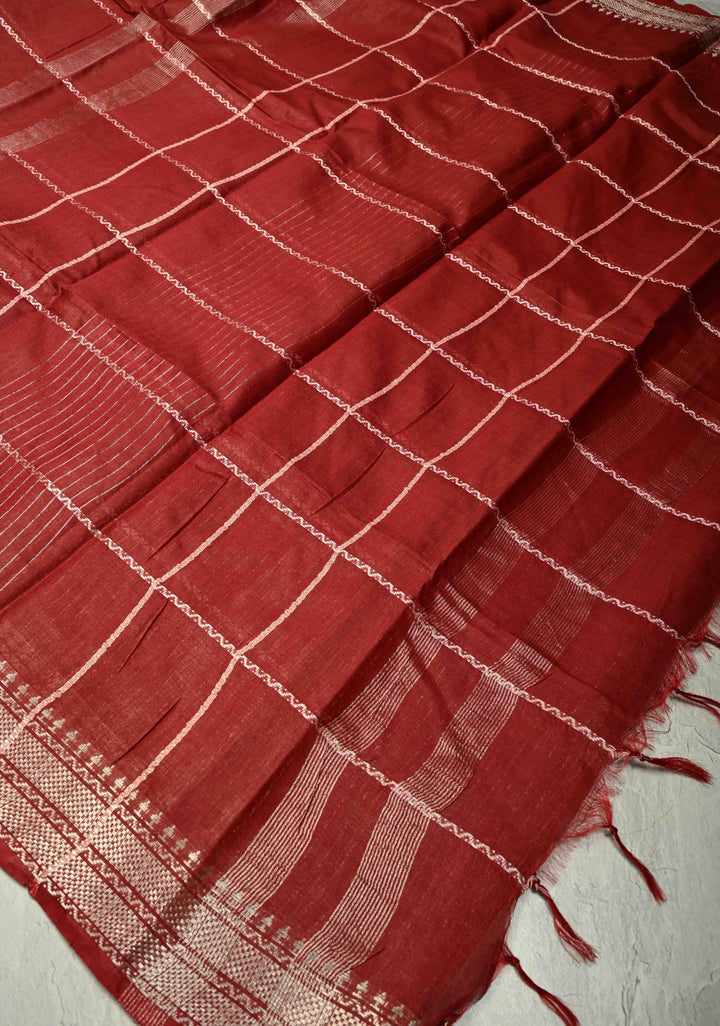 Maroon Semi Tussar Saree with Thread Stripes and Zari Border