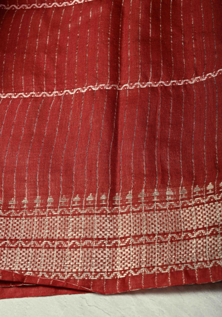 Maroon Semi Tussar Saree with Thread Stripes and Zari Border