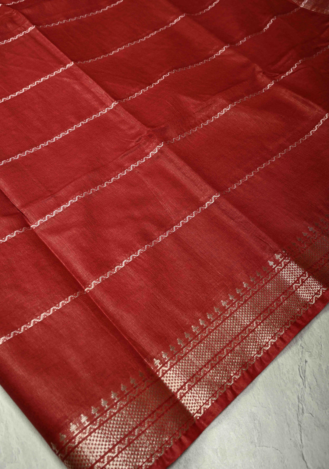 Maroon Semi Tussar Saree with Thread Stripes and Zari Border