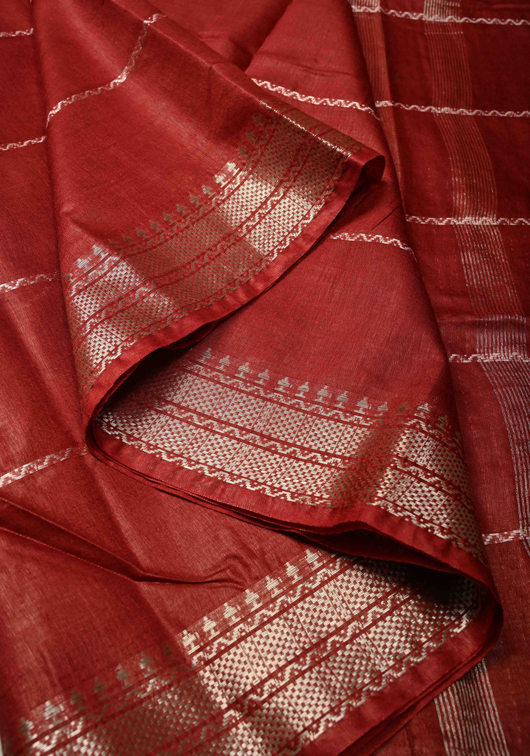 Maroon Semi Tussar Saree with Thread Stripes and Zari Border