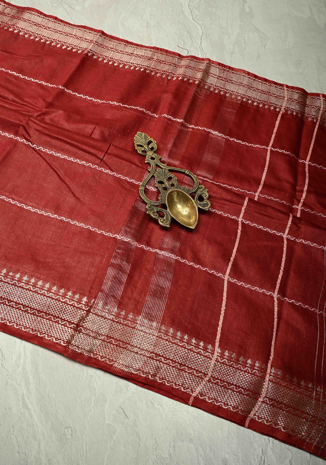 Maroon Semi Tussar Saree with Thread Stripes and Zari Border