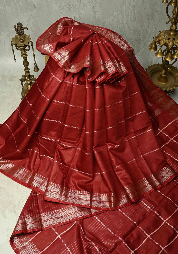 Maroon Semi Tussar Saree with Thread Stripes and Zari Border