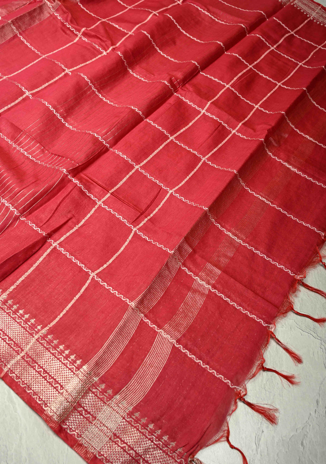 Crimson Red Semi Tussar Saree with Veldhari Stripes and Zari Border