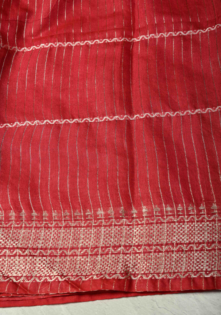 Crimson Red Semi Tussar Saree with Veldhari Stripes and Zari Border