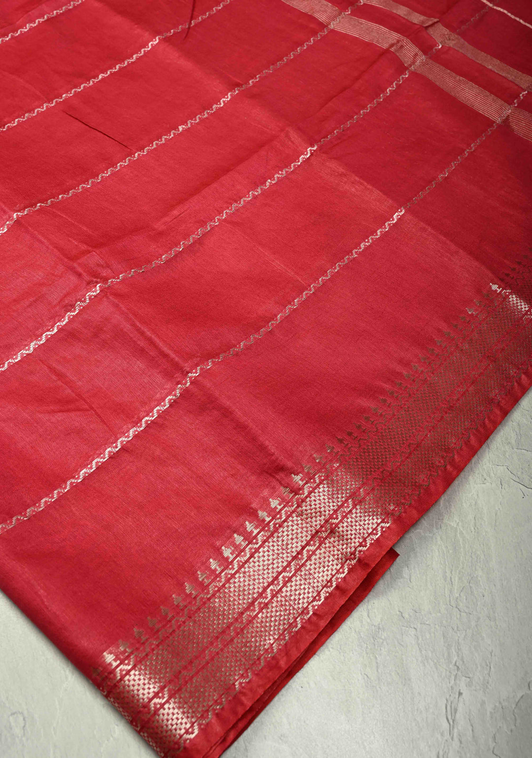 Crimson Red Semi Tussar Saree with Veldhari Stripes and Zari Border