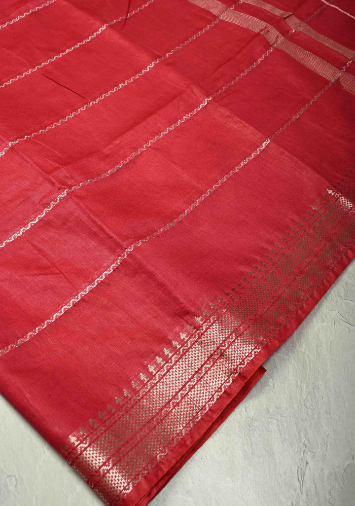 Crimson Red Semi Tussar Saree with Veldhari Stripes and Zari Border
